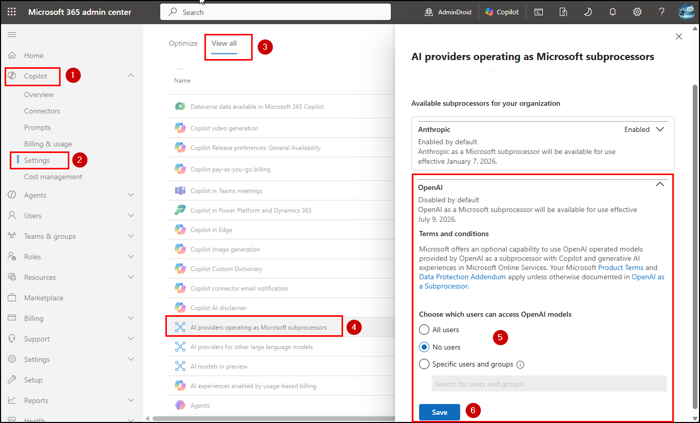 disable the OpenAI subprocessor for Microsoft 365 Copilot
