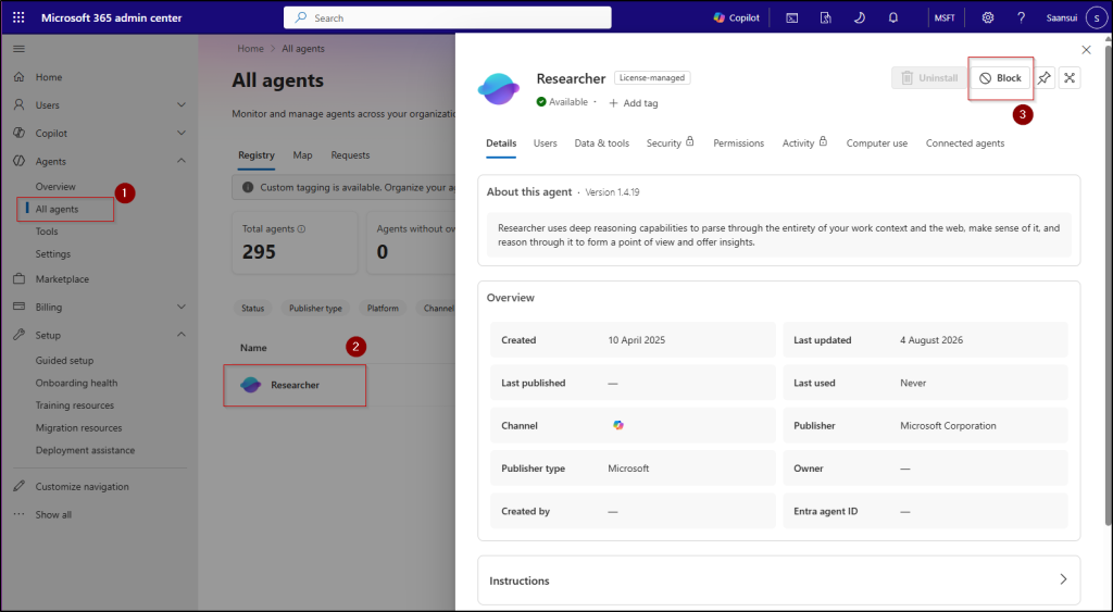 Block Researcher Agent in Microsoft 365 Admin Center